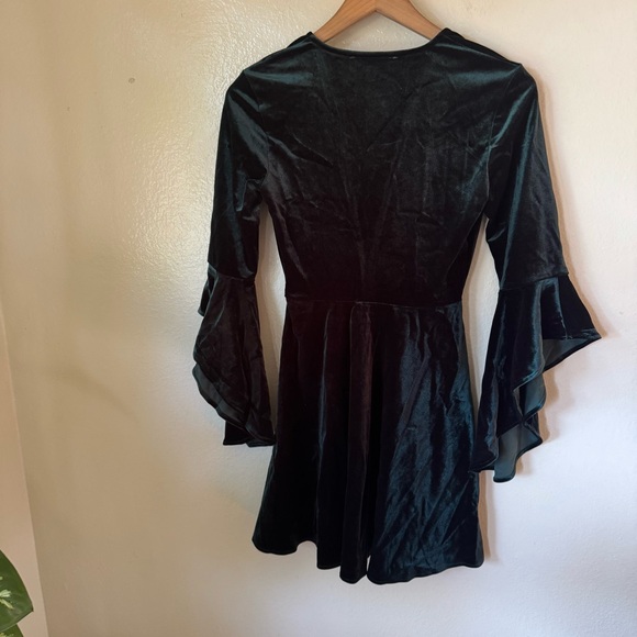 Lulus | Wrapped in Luxe Forest Green Velvet Bell Sleeve Skater Dress - Picture 7 of 8